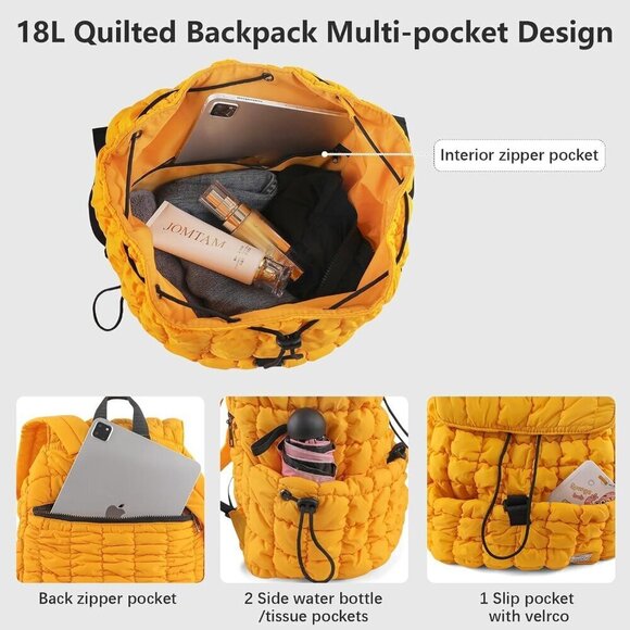 ✨ Contail Puffy Hiker Pack Women Yellow 18L Quilted Puffer Lightweight Backpack - Picture 6 of 9
